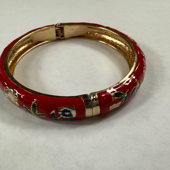 Clamper Style Bracelet Red Color Flower Pattern Accent Multicolor Enamel Painted - Picture 5 of 16